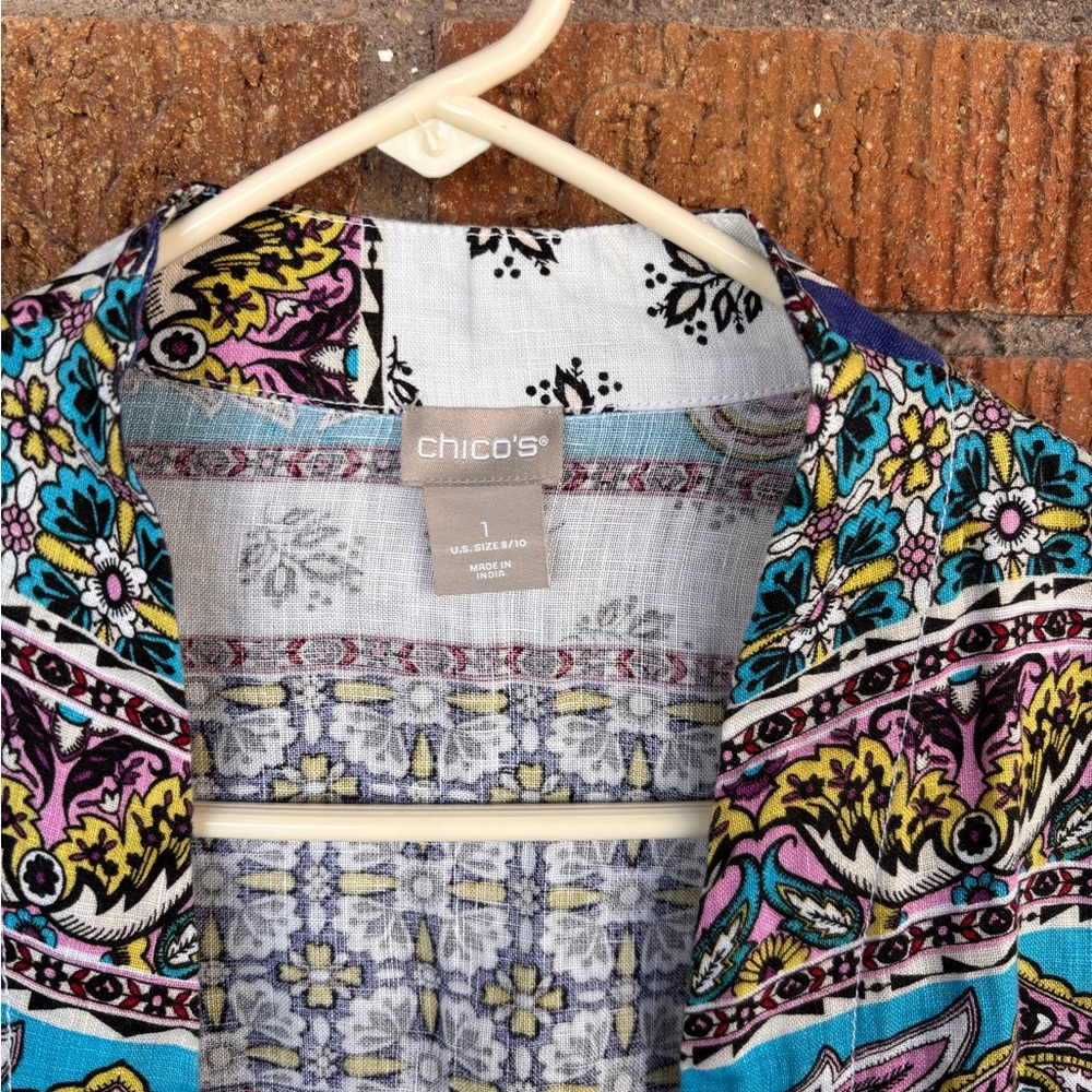 CHICO’S Blue Patchwork 100% Linen Duster Jacket K… - image 3